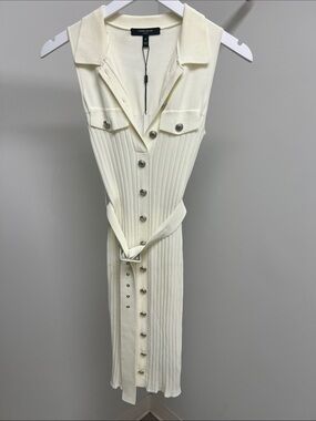 Karen Millen Ivory Ribbed Button-Through Sleeveless Midi Dress